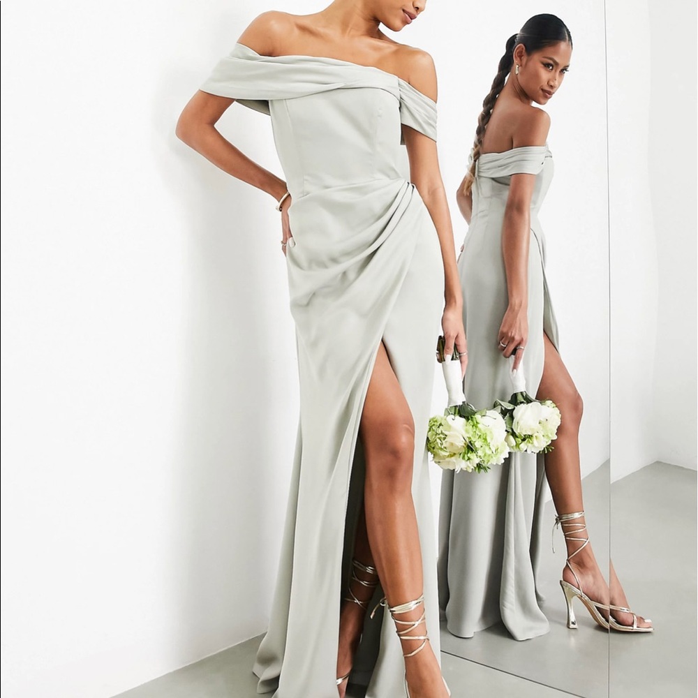 ASOS EDITION satin bardot drape wrap maxi dress in sage green.